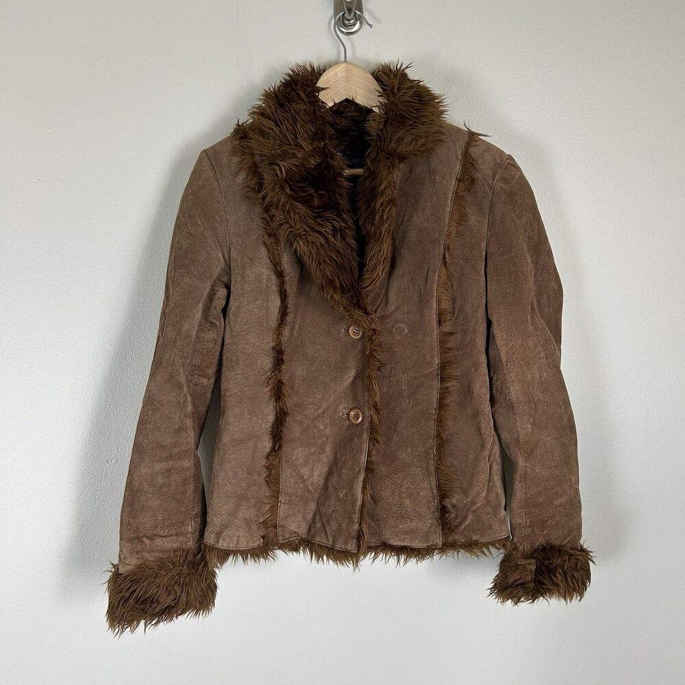 Brown Suede Leather Size M Penny Lane Jacket Fur Collar 90s Vintage Y2K